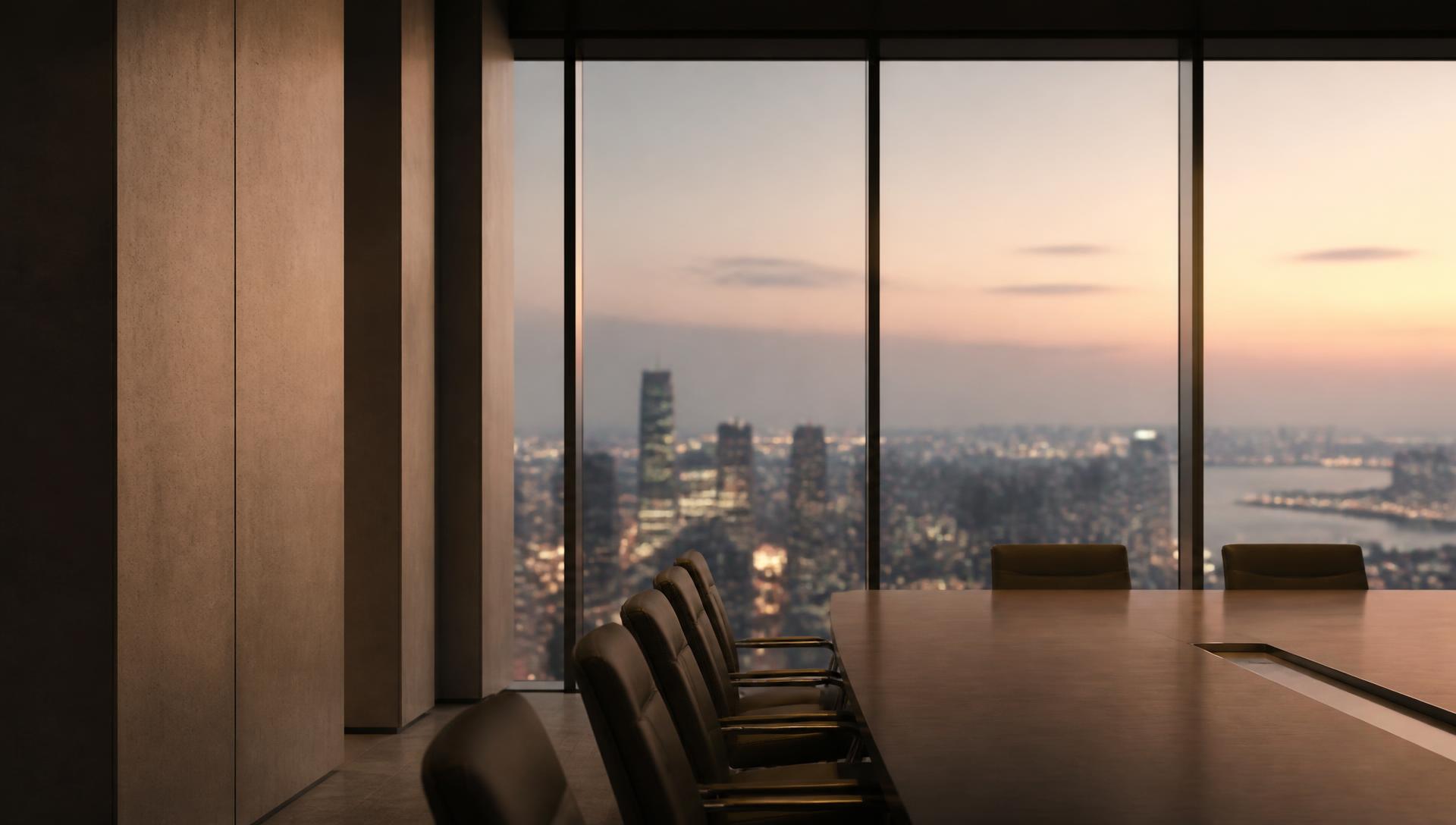 An empty executive boardroom at dusk with a city skyline beyond floor-to-ceiling glass