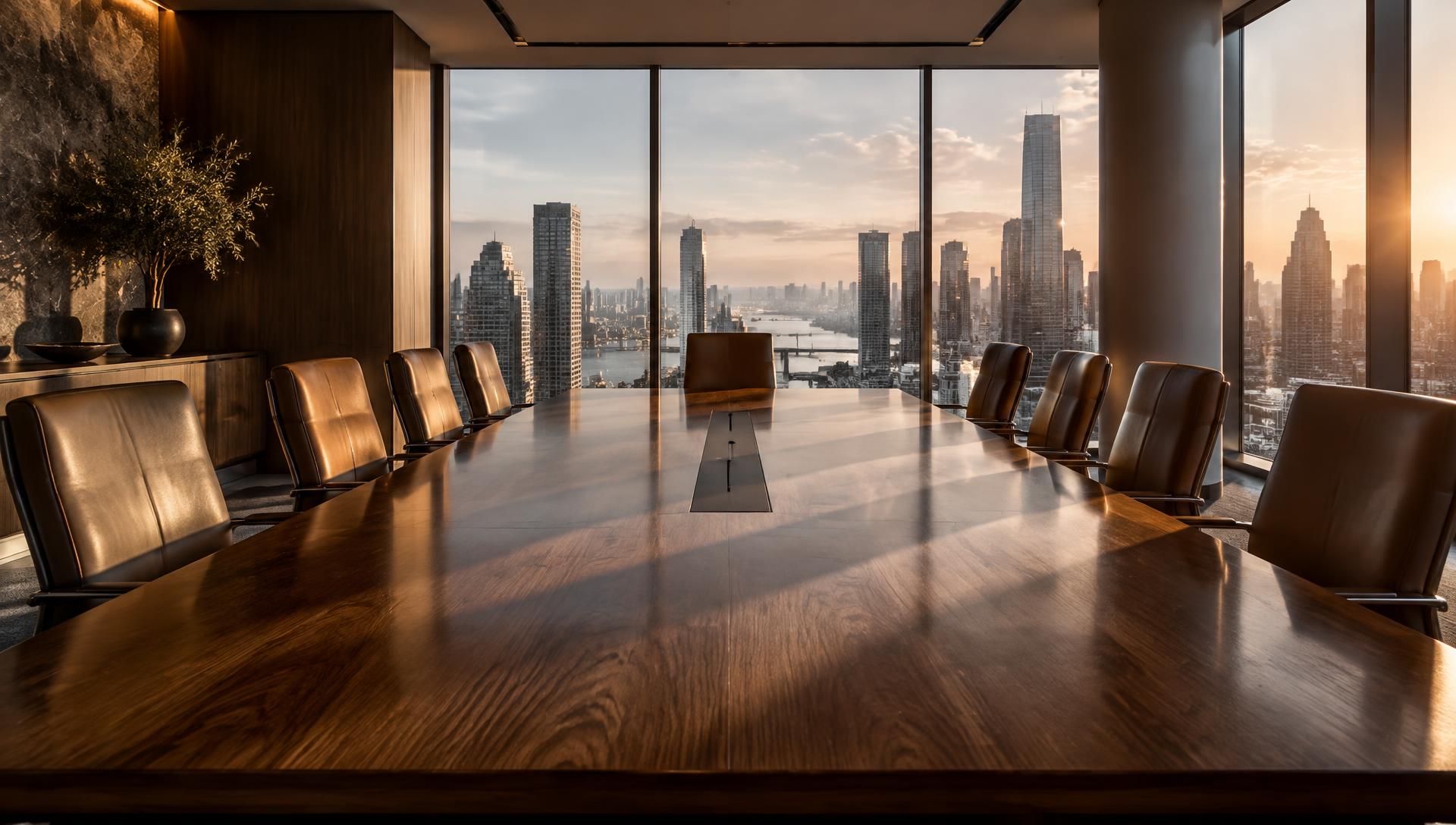 Empty executive boardroom with warm afternoon light across a long table and city skyline beyond floor-to-ceiling windows