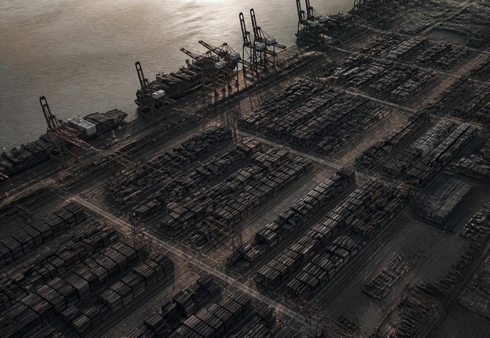 Aerial view of a container port at dusk, representing global commercial scale