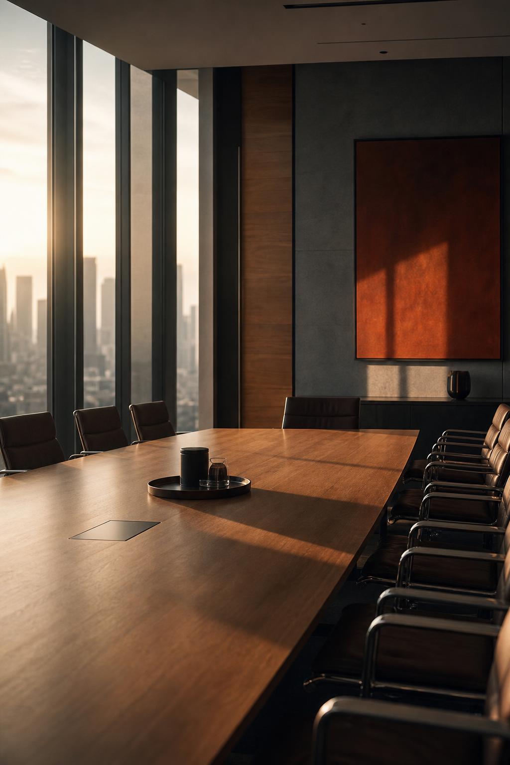 Empty executive boardroom with warm afternoon light across a long table and city skyline beyond floor-to-ceiling windows